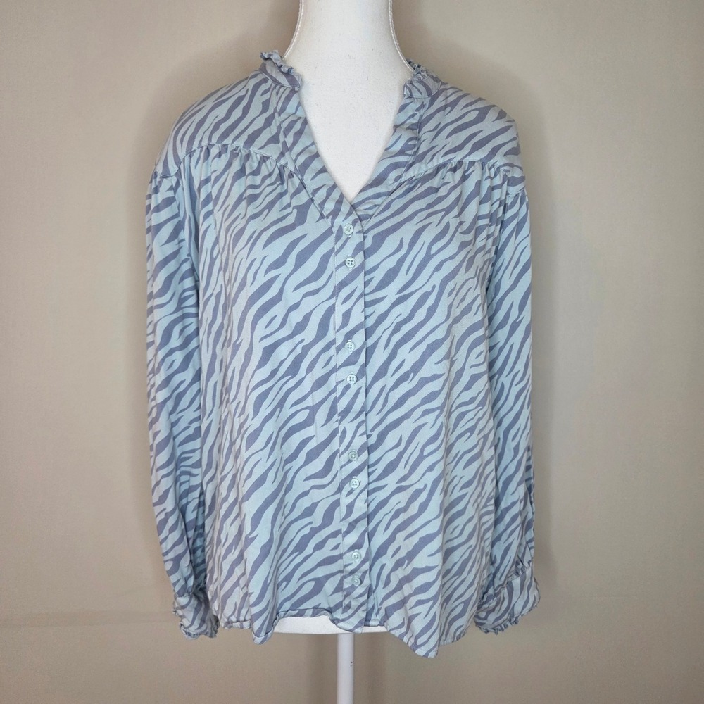 Sundays Anthropologie Blue Ruffle Neck Button‎ Up Blouse Size S
